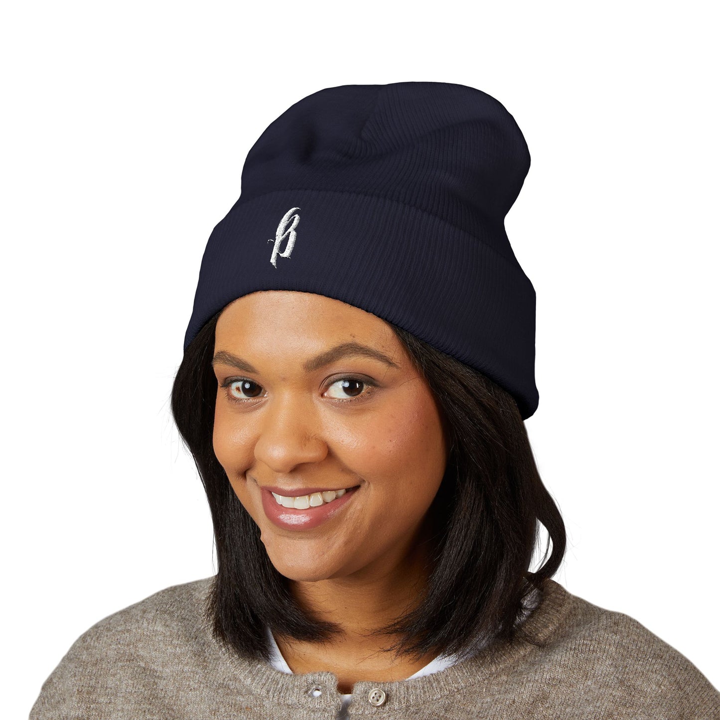 Classic Embroidered Cuffed Beanie Black - White B Logo