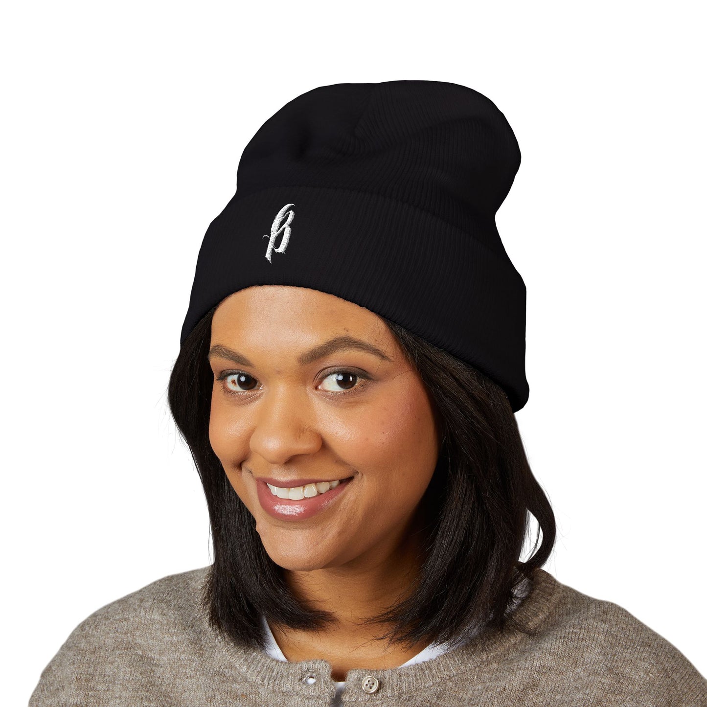 Classic Embroidered Cuffed Beanie Black - White B Logo